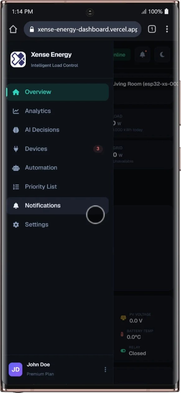 Xense Energy Intelligent Mobile App Dashboard on Galaxy Note20